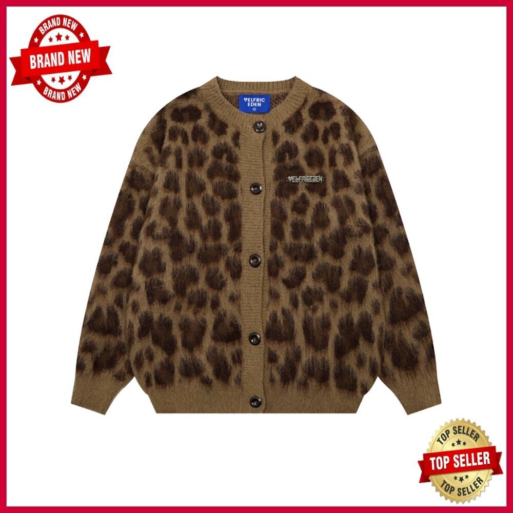 Oversized Leopard Print Cardigan Y2K Vintage Crewneck Button Down Sweater
